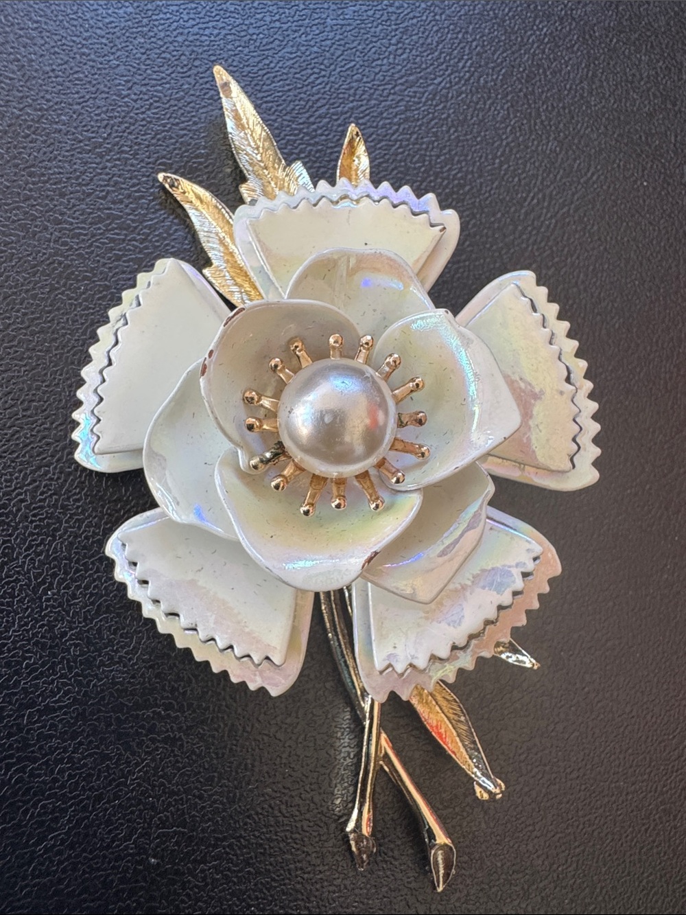 VTG Singed Coro White Enamel Pin Flower Power Iridescent Multi-Dimensional
